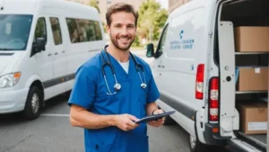 STAT Medical Courier driver standing in blue scrubs with a clipboard in front of a delivery van