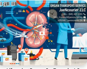 JaeNcourier LLC Organ Transport Service graphic showing kidney donation logistics, rapid flight transit, and cold chain preservation in Lawrenceville, GA